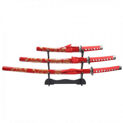 3pc Red Dragon Samurai Sword Set Corbon Steel Blades with Stand Good Quality