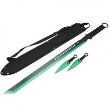 27.5" Green 2 Tone Blade Sword with 2 Throwing Knives and Sheath