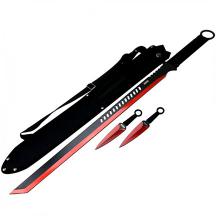 27.5" Red 2 Tone Blade Sword with 2 Throwing Knives and Sheath
