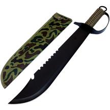 19" Black Machete Hunting Sword with Brown String Handle & Sheath