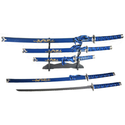 3 Pc Japanese Samurai Katana Sword Set Ninja Good Quality Blue Dragon New 